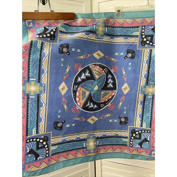 Vintage Wamcraft Teal Southwest Native American 32” Square Bandana Made In USA - Picture 3 of 9